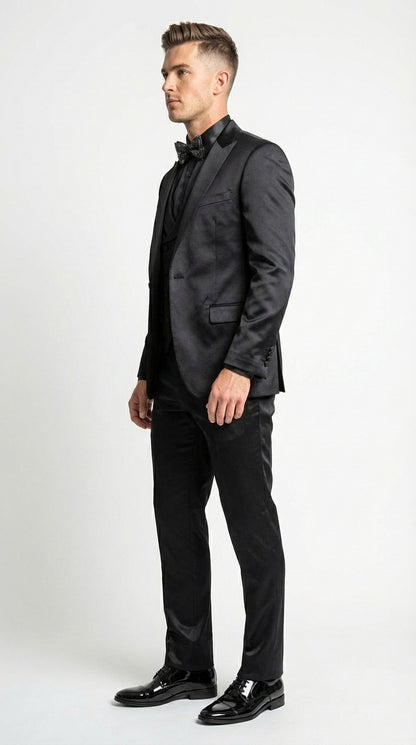 Men’s All Shiny Black Satin Suit – Black Satin Tuxedo Suit for Prom, Wedding, Formal Party and Evening Events Double breasted Vest