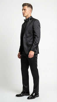 Men’s All Shiny Black Satin Suit – Black Satin Tuxedo Suit for Prom, Wedding, Formal Party and Evening Events Double breasted Vest