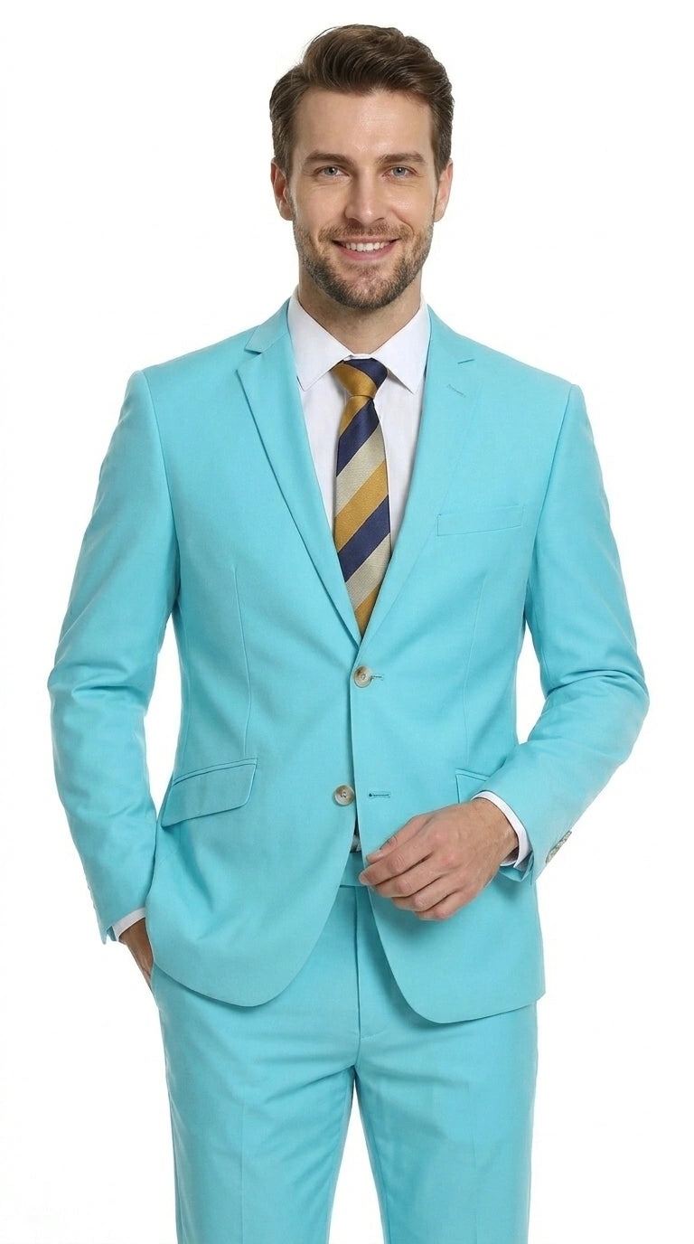 Men’s Aqua Blue 2 Piece 2 Button Suit, Formal Dress Suit for Weddings, Prom, Parties, Summer Events, Turquoise Light blue Modern Fit