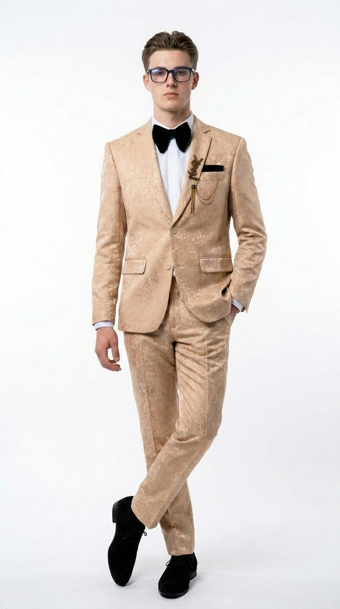 Men’s Champagne Gold Paisley Prom Tuxedo, Formal Dinner Suit for Prom, Weddings, Parties in Tan Color