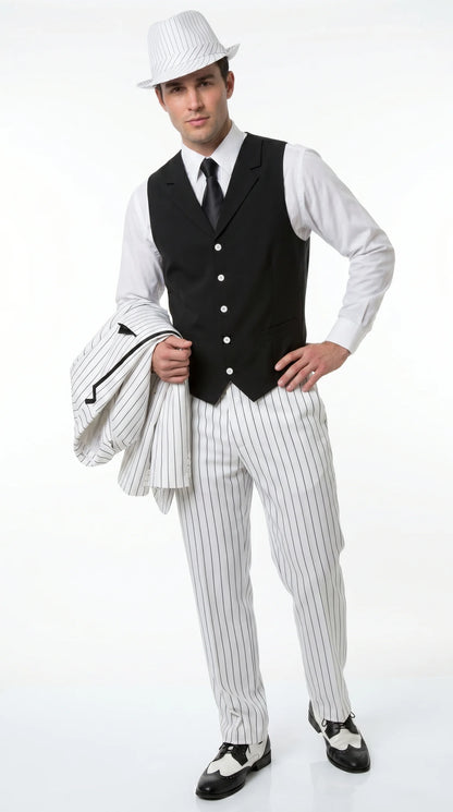 Men’s White Pinstripe 1920s Gangster 3 Piece Suit, Black Contrast Formal Costume Suit for Parties, Prom, Weddings, and Theme Events Modern Fit