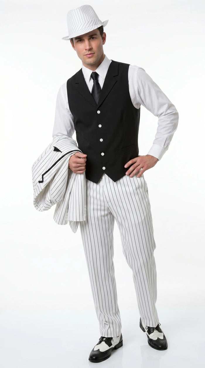 Men’s White Pinstripe 1920s Gangster 3 Piece Suit, Black Contrast Formal Costume Suit for Parties, Prom, Weddings, and Theme Events Modern Fit