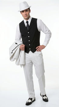 Men’s White Pinstripe 1920s Gangster 3 Piece Suit, Black Contrast Formal Costume Suit for Parties, Prom, Weddings, and Theme Events