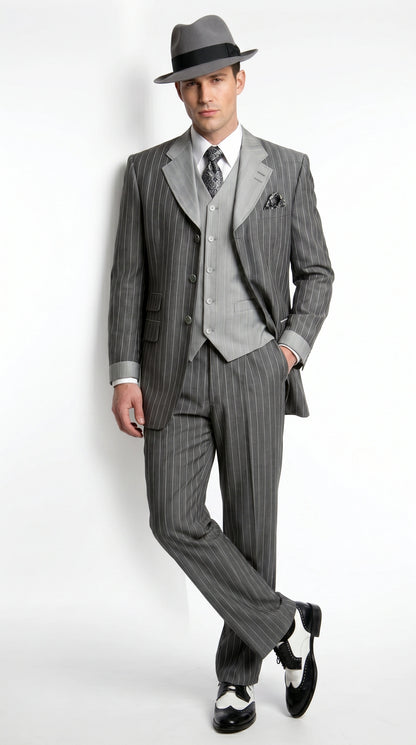 Men’s Grey Pinstripe 1920s Gangster 3 Piece Suit, Contrast Lapel Vintage Formal Suit for Parties, Prom, Weddings, and Theme Events Modern Fit