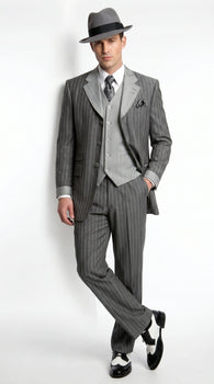 Men’s Grey Pinstripe 1920s Gangster 3 Piece Suit, Contrast Lapel Vintage Formal Suit for Parties, Prom, Weddings, and Theme Events