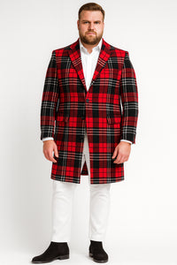 Men’s Red Plaid Wool Overcoat – Classic Tartan Check Long Coat for Stylish Winter Wear