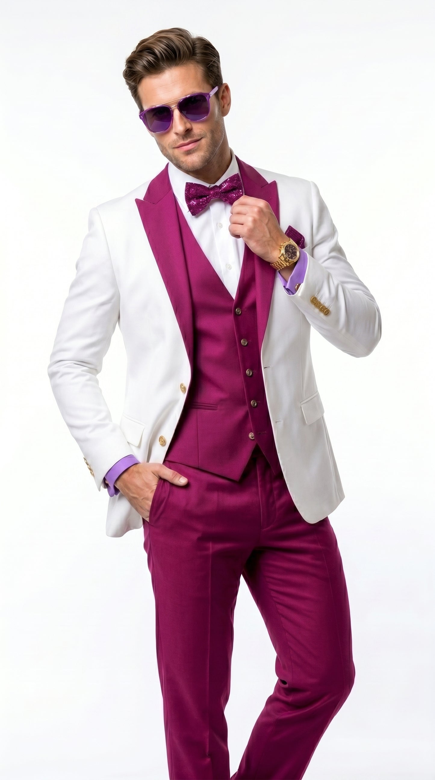 White and Burgundy Tuxedo Wedding Suit for Men – White Dinner Jacket with Burgundy Vest, Pants and Bow Tie