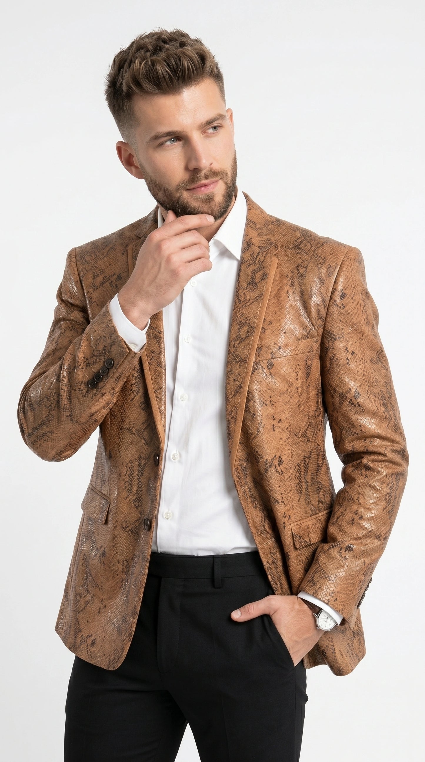 Men’s Tan Snakeskin Print Blazer, Brown Sport Coat Camel Alligator Crocodile Animal Print leopard Jacket