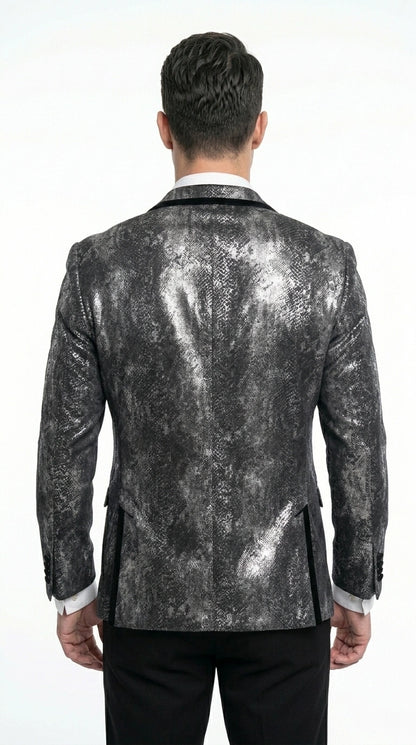 Men’s Black and Charcoal Gray Snakeskin Print Blazer, Animial Exotic Skin Alligator Crocodile Texture