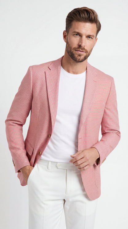Men’s Red and white Houndstooth Summer Blazer, Lightweight Check Sport Coat for Weddings, Prom, Parties