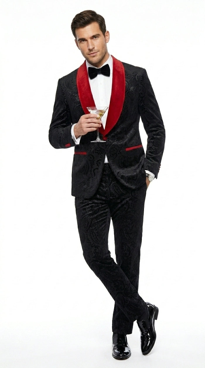 Men’s Black Paisley 2 Piece Suit with Red Shawl Lapel, Formal Wedding Prom Party Suit Set Modern Fit