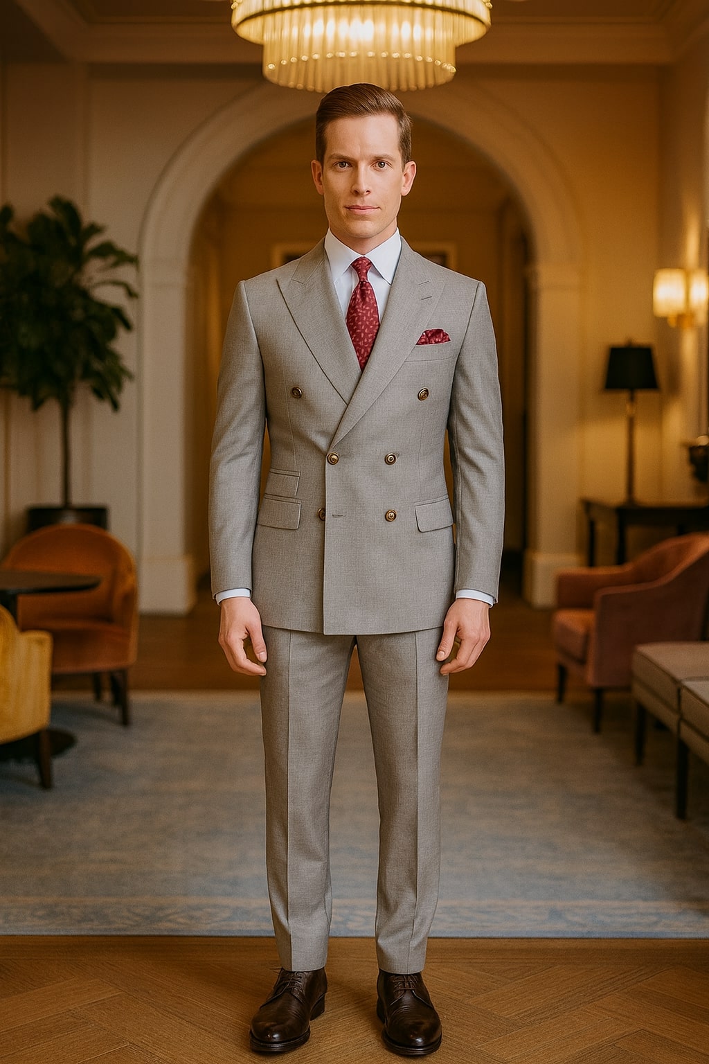 Mens Light Grey Double-Breasted Suit – Classic Slim Fit Business and Wedding Formal Attire - Image 5