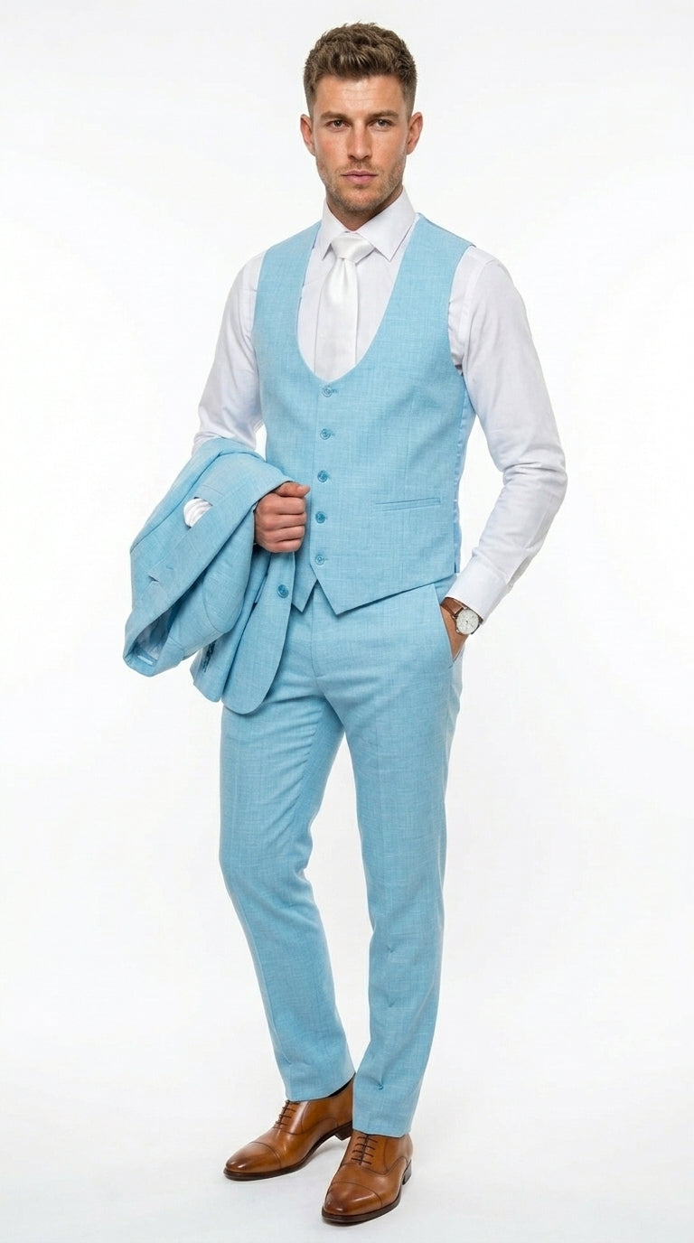 Men’s Turquoise Light blue Suit, Vested Formal Dress Suit for Weddings, Prom, Summer Parties, and Special Occasions in Aqua Blue Color By Rossiman Modern Fit
