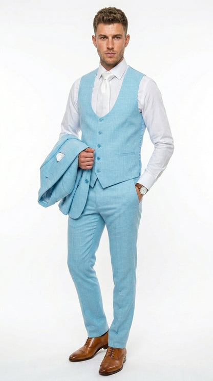 Men’s Turquoise Light blue Suit, Vested Formal Dress Suit for Weddings, Prom, Summer Parties, and Special Occasions in Aqua Blue Color By Rossiman Modern Fit