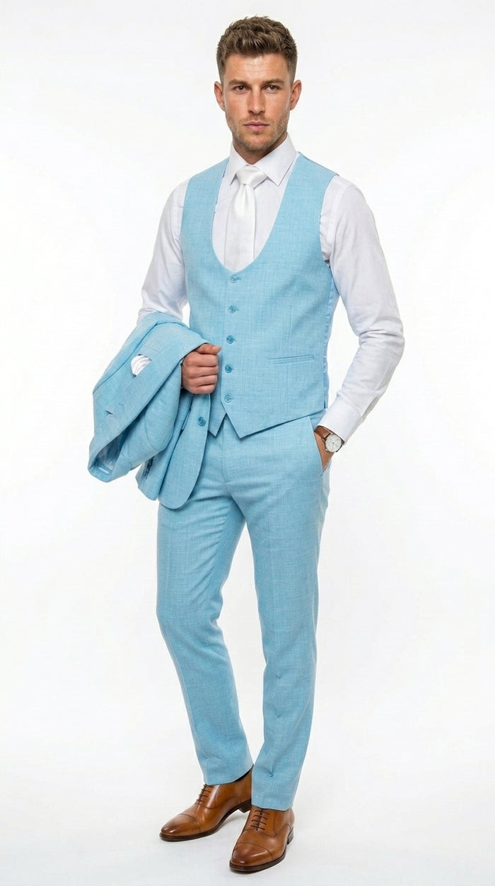 Men’s Turquoise Light blue Suit, Vested Formal Dress Suit for Weddings, Prom, Summer Parties, and Special Occasions in Aqua Blue Color By Rossiman Modern Fit