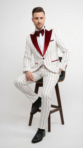 Men’s White and Dark Red Pinstripe Tuxedo with Velvet Shawl Lapel – Formal Dinner Blazer Prom Christmas New Year Holiday Suit