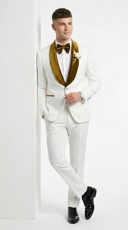 Men’s White Paisley 3 Piece With Vest Prom Tuxedo with Gold Velvet Shawl Lapel, Formal Wedding Suit Set