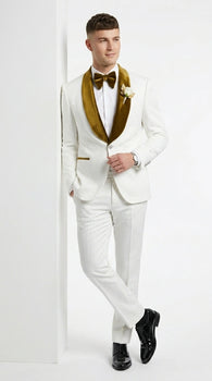 Men’s White Paisley 3 Piece With Vest Prom Tuxedo with Gold Velvet Shawl Lapel, Formal Wedding Suit Set