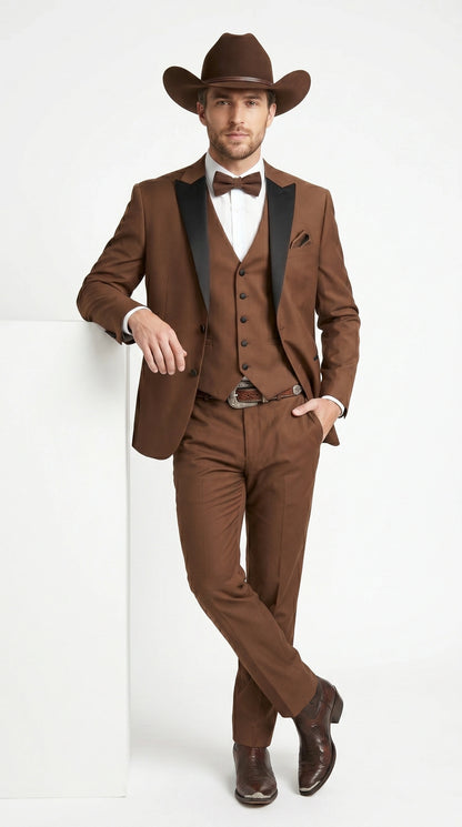 Men’s Light Brown Western Tuxedo 3 Piece Suit with Black Peak Collar Lapel, Country Look Cowboy Suit