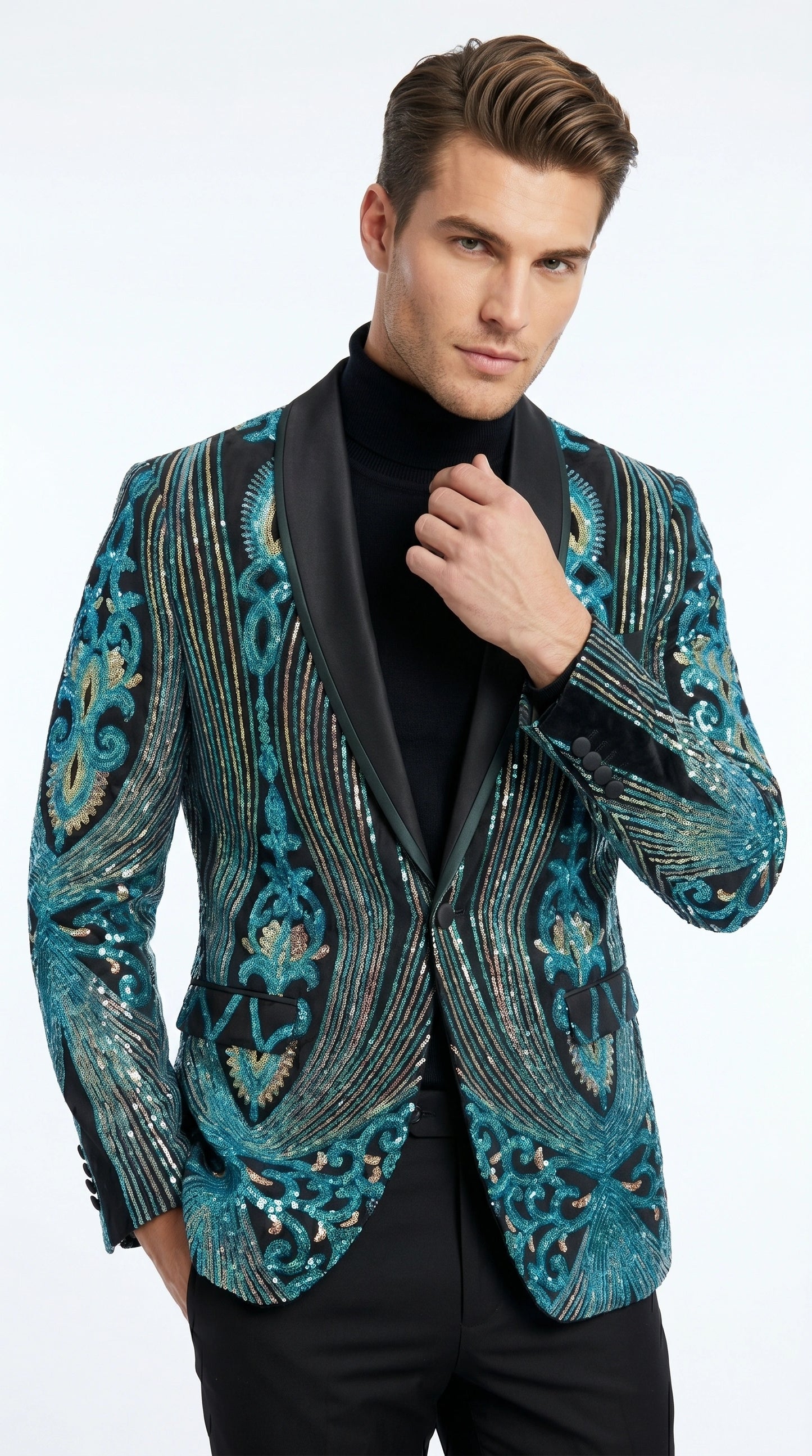 Men’s Black and Turquoise Blue With teal green Sequin Dinner Jacket, Formal Prom Wedding Paisley Floral Mardi Gra Pattern