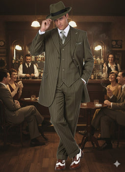 Mens Olive Green Pinstripe Zoot Suit – 1920s Gangster Vintage 3
