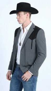 Men’s Dark Charcoal Western Blazer with Black Suede Yokes, Cowboy Sport Coat for Ranch Wedding and Country Events By Platini