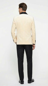 Men’s Ivory Dinner Jacket - Cream Velvet Blazer with Black Satin Lapel | Wedding and Party Formal Sport Coat in off white