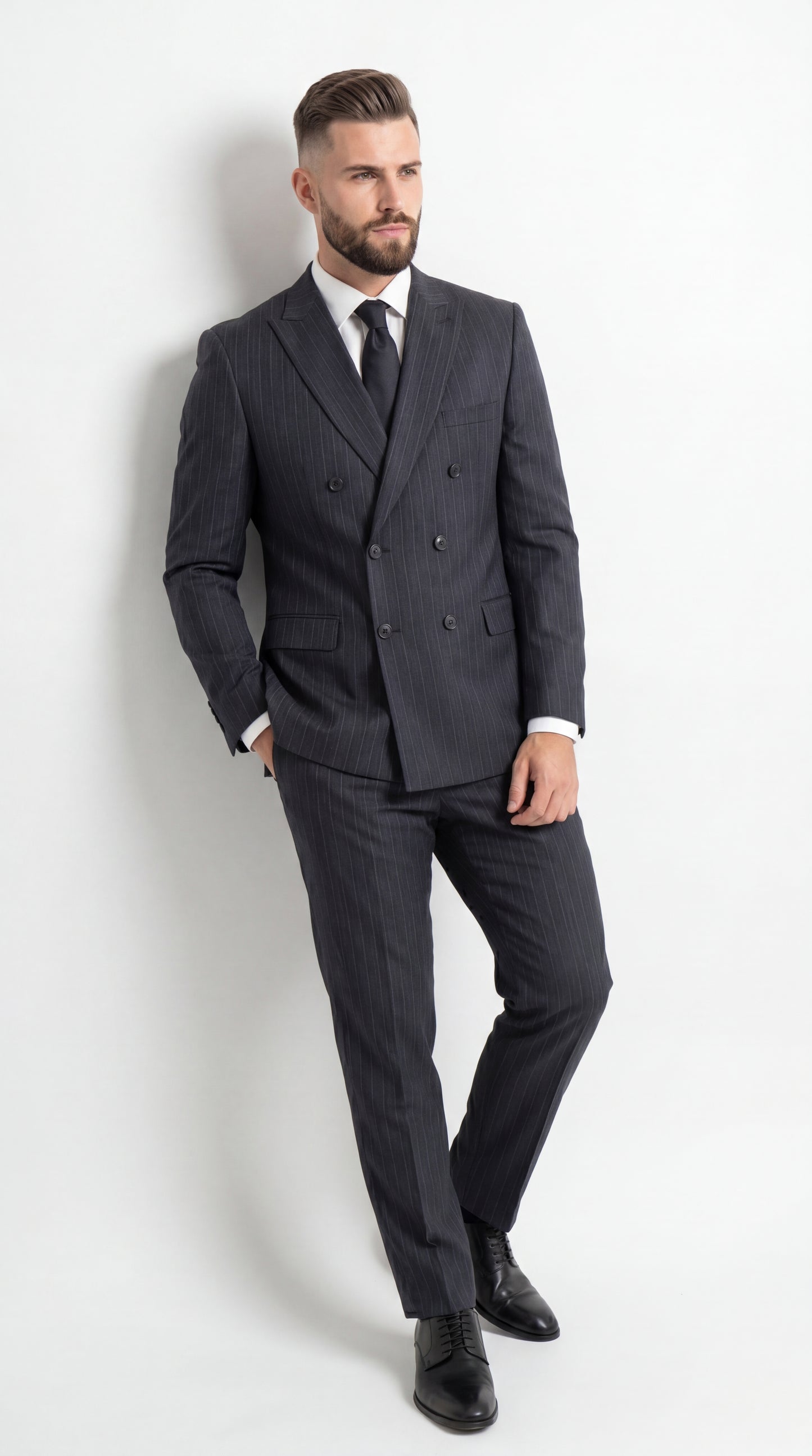 Men’s Black Pinstripe Double Breasted Suit – Classic Formal Business Suit Office and Evening Wear Modern Fit Conservative pattern