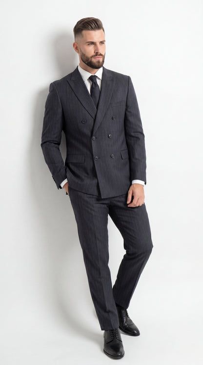 Men’s Black Pinstripe Double Breasted Suit – Classic Formal Business Suit Office and Evening Wear Modern Fit Conservative pattern