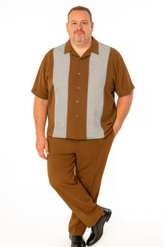 Men’s Cognac Tan Two-Piece Outfit – Short Sleeve Button-Up Shirt and Pants Set