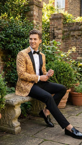 Men’s Yellow Gold Baroque Pattern Tuxedo Blazer Suit – Party and Wedding Jacket Prom Paisley Black Pants