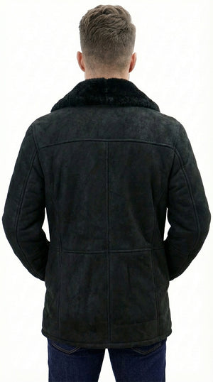 Men’s Black Sheepskin Leather Jacket Cowboy – Warm Faux Fur Collar Coat, Winter Long Jacket, Casual Western Style Outerwear