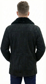 Men’s Black Sheepskin Leather Jacket Cowboy – Warm Faux Fur Collar Coat, Winter Long Jacket, Casual Western Style Outerwear