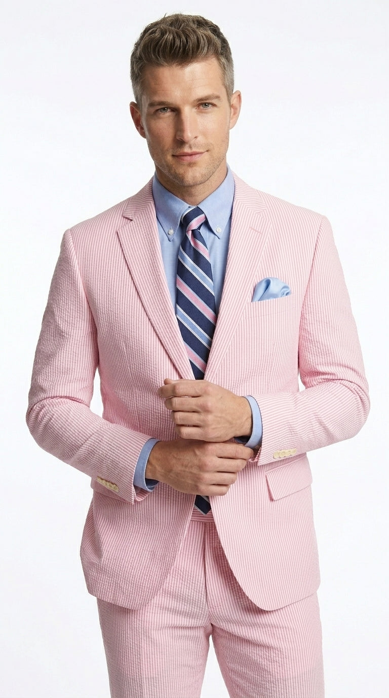 Men’s Pink Seersucker 2 Piece Suit, Lightweight Summer Dress Suit for Weddings, Prom, Parties, and Special Occasions Modern Fit