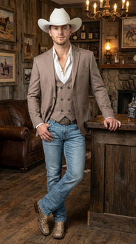 Men’s Light Grey Cowboy Blazer with Double breasted Vest – Western Two Piece Suit Pants included