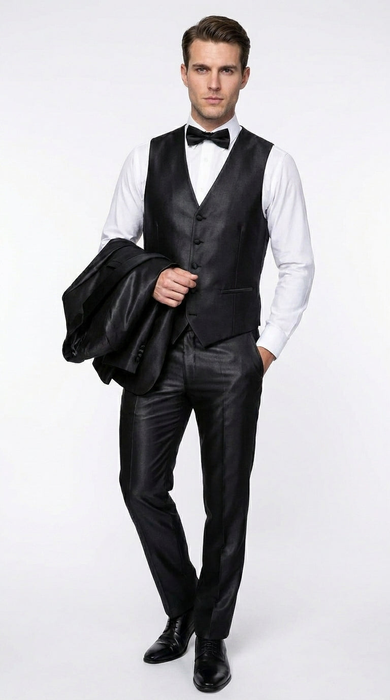 Men’s Black Two Tone Vested Wool Suit with 2 Button Jacket and Black Lapel, Italian Tuxedo Style