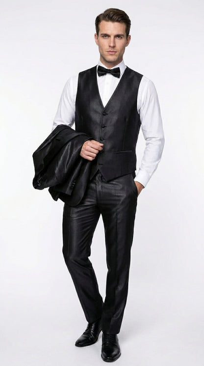 Men’s Black Two Tone Vested Wool Suit with 2 Button Jacket and Black Lapel, Italian Tuxedo Style