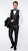 Men’s Black Two Tone Vested Wool Suit with 2 Button Jacket and Black Lapel, Italian Tuxedo Style