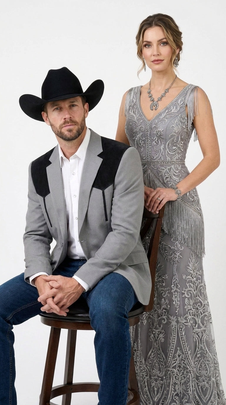 Men’s Grey Western Blazer with Black Suede Yoke – Cowboy Sport Coat for Rodeo, Country Wedding & Ranch Wear