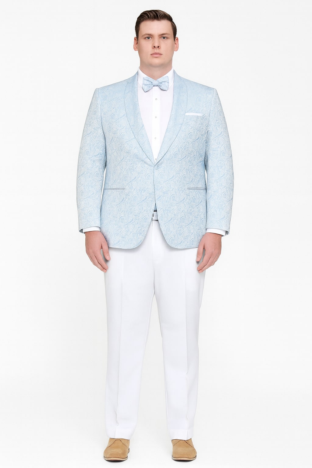 Mens Light Blue Paisley Tuxedo Jacket with Matching Bow Tie – Slim Fit Blazer for Weddings, Prom, and Formal Events - Image 5