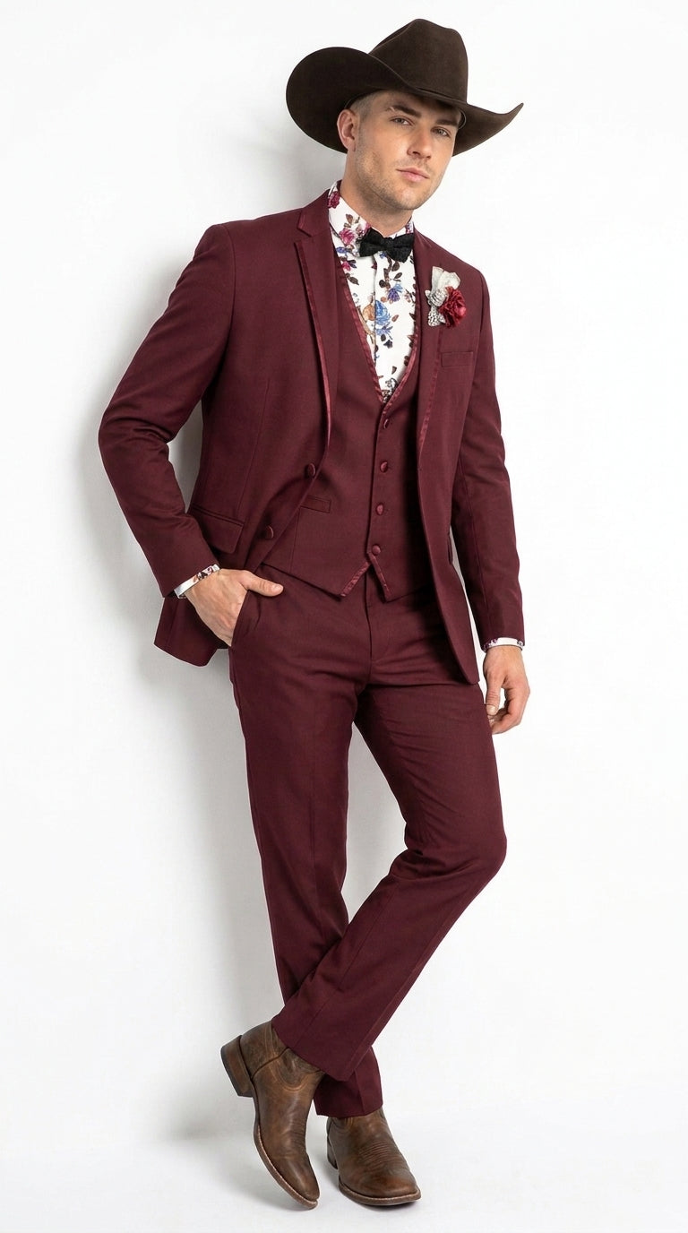 Men’s Burgundy Western Tuxedo Suit, 3 Piece Cowboy Formal Wedding Prom Suit with Satin Trim