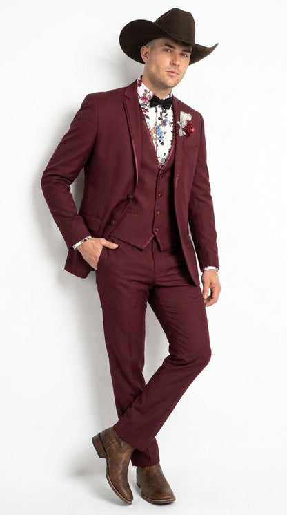 Men’s Burgundy Western Tuxedo Suit, 3 Piece Cowboy Formal Wedding Prom Suit with Satin Trim