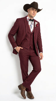 Men’s Burgundy Western Tuxedo Suit, 3 Piece Cowboy Formal Wedding Prom Suit with Satin Trim