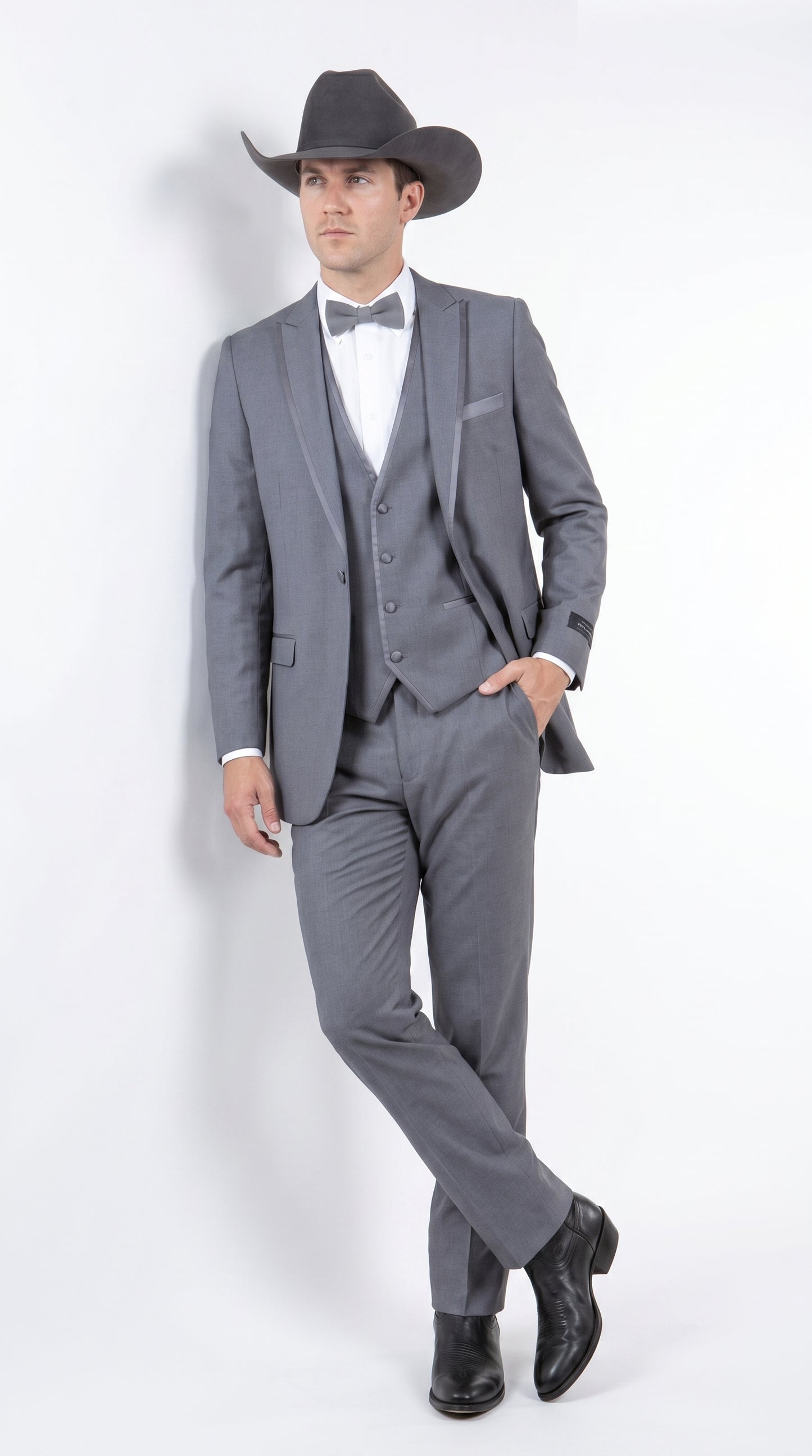 Men's Medium Grey Western 3-Piece Tuxedo Suit with Vest – Cowboy Style Formal Country Outfit