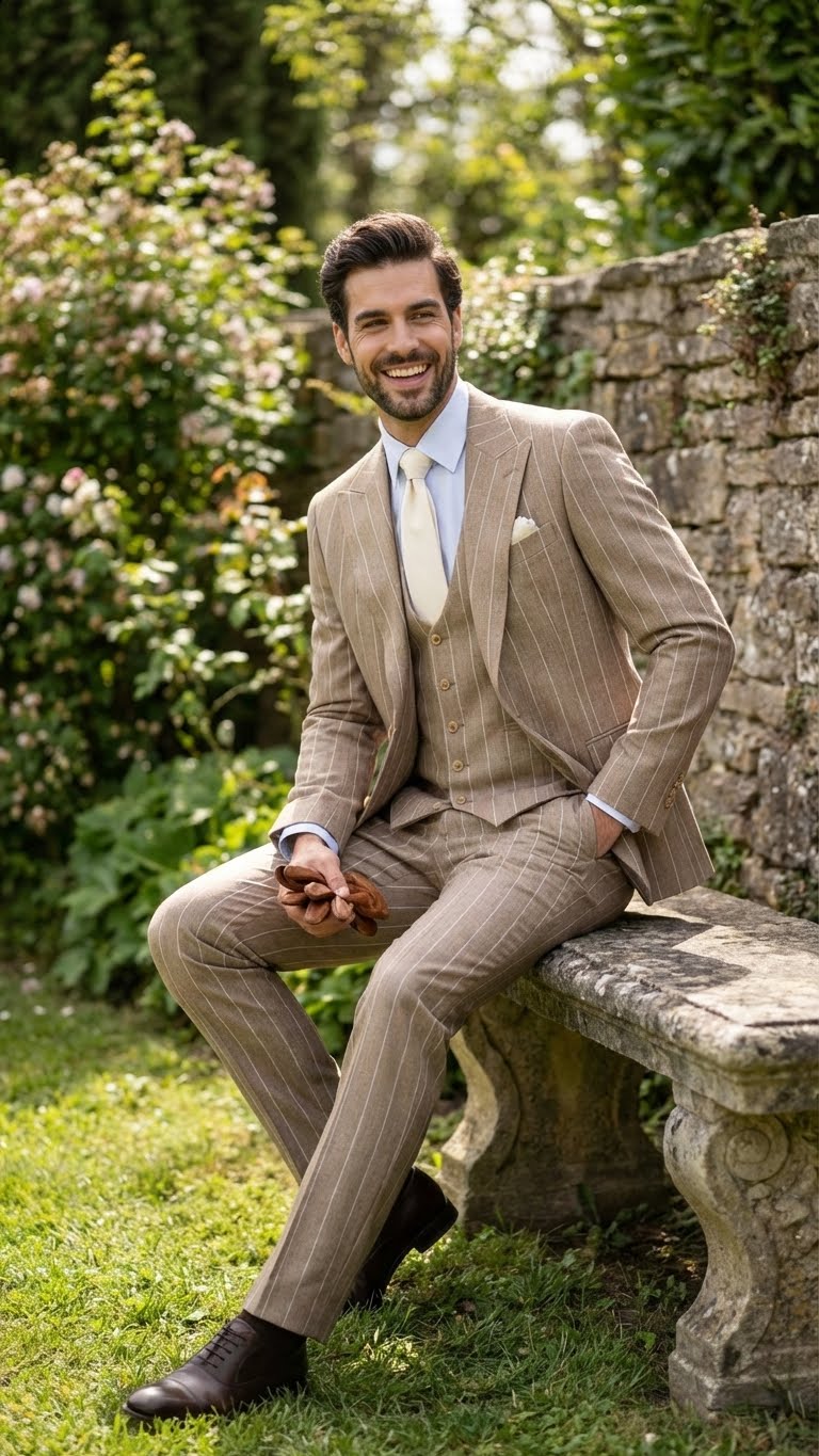 Men's Beige Pinstripe Three-Piece Vested Suit – Tailored Fit  Business Attire in Tan Stripe by Rossiman - Image 5