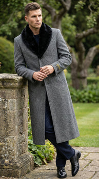 Men's Grey Herringbone Tweed Long Overcoat with Black Faux Fur Collar, Classic Winter Topcoat - Image 5