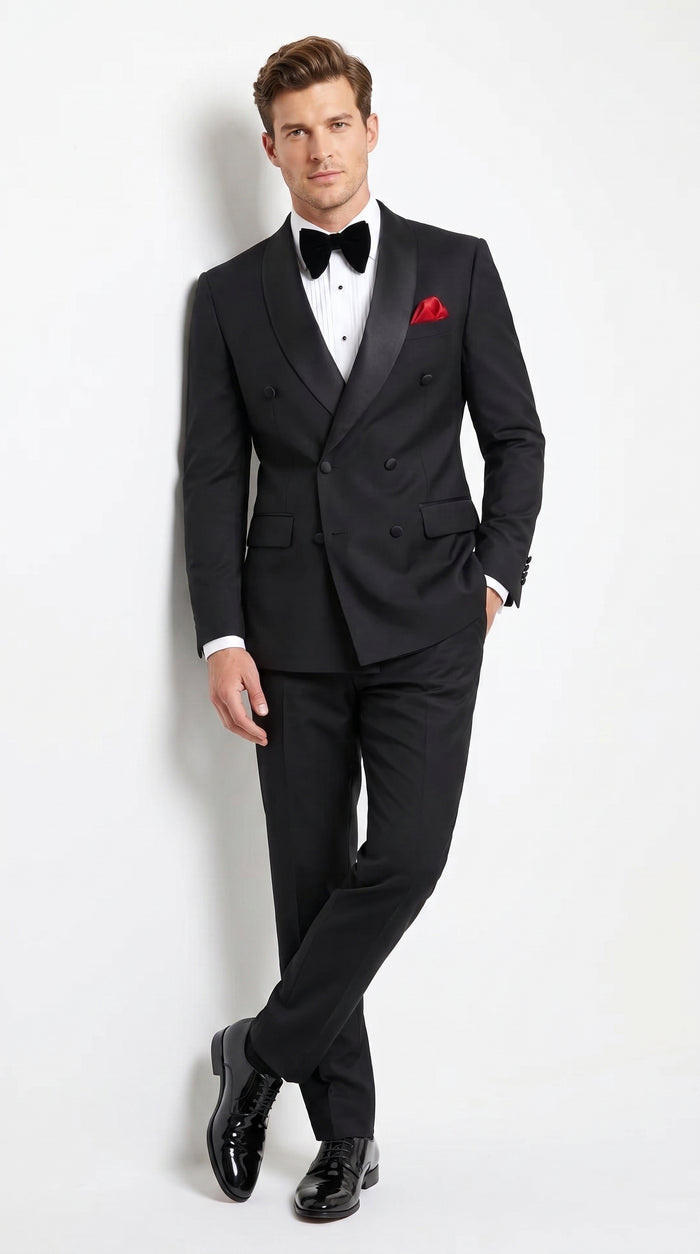 Men’s Black Double Breasted Evening Wear Suit with Satin Shawl Lapel and Red Pocket Square  Modern Fit