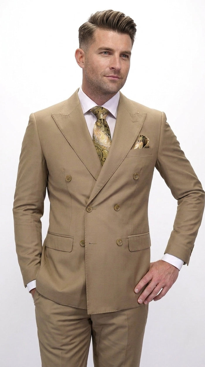 Men’s Statement Brand Caramel Khaki Double Breasted Wool Suit, Designer Formal Business Suit Set Wool Suit in Camel Color  Modern Fit