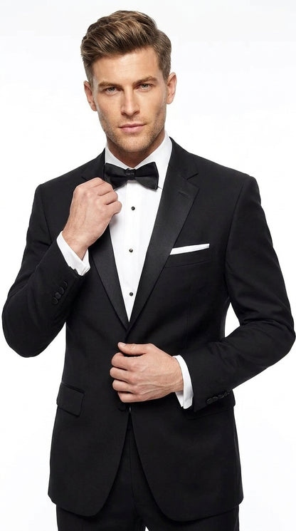 Men’s Black Uniform Tuxedo – One-Button Satin Lapel Formal Suit for Weddings, Prom and Events