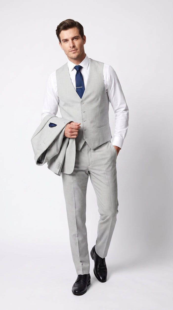 Men’s Silver & Navy Blue 3-Piece Suit – Wedding, Business and Formal Suit with Free Matching Tie  Modern Fit
